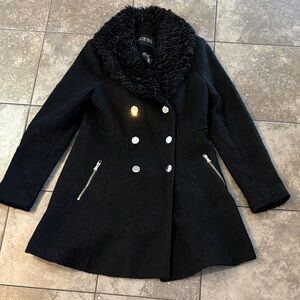 GUESS Black Pea Coat with Faux Fur Collar